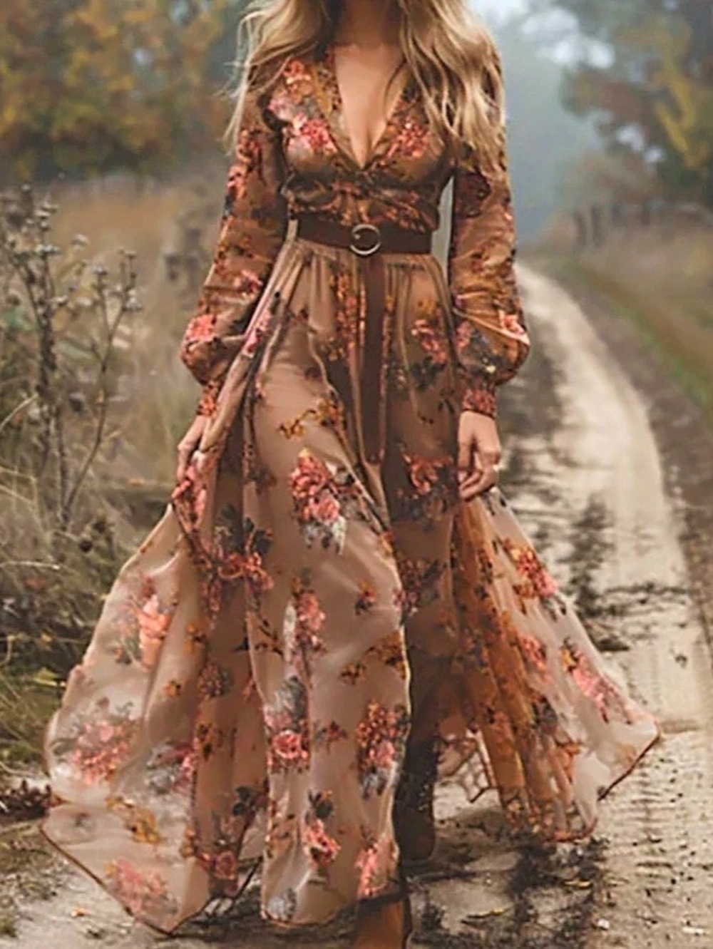 Floral Maxi Dress in Brown & Pink